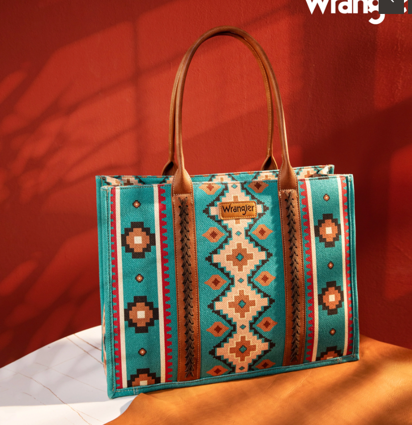 Wrangler Southwestern Pattern Dual Sided Print Canvas Wide Large Tote Turquoise
