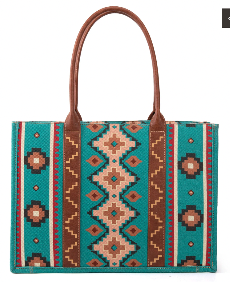 Wrangler Southwestern Pattern Dual Sided Print Canvas Wide Large Tote Turquoise