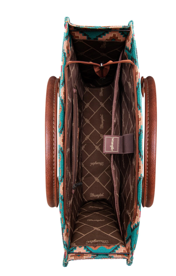 Wrangler Southwestern Pattern Dual Sided Print Canvas Wide Large Tote Turquoise