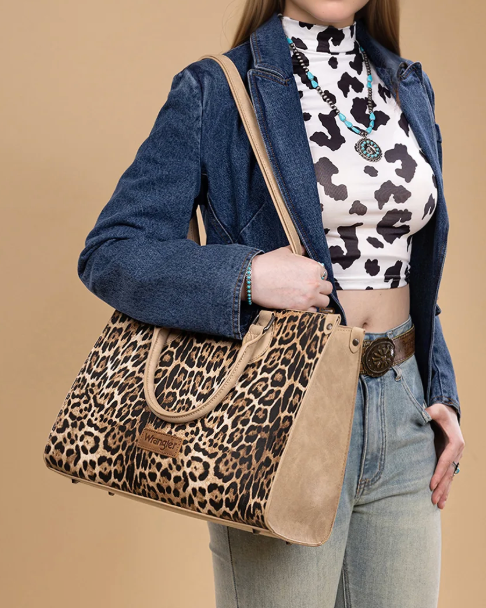 Wrangler Leopard Print Wide Tote Bag/Crossbody Tan