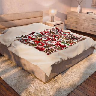 Velveteen Plush Blanket - Retro Red Cherry & Leopard Sticker Print
