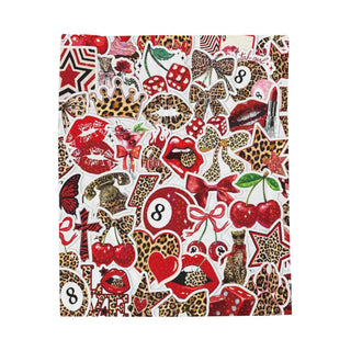 Velveteen Plush Blanket - Retro Red Cherry & Leopard Sticker Print