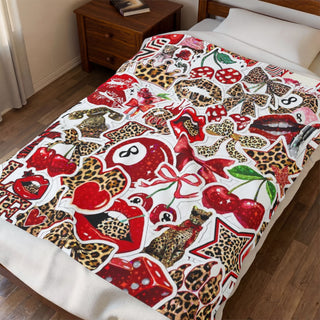 Velveteen Plush Blanket - Retro Red Cherry & Leopard Sticker Print