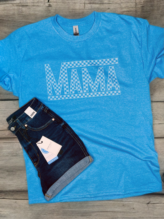 Checkered Mama Tee - Blue