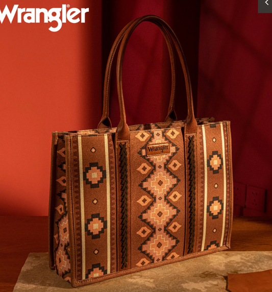 Wrangler Southwestern Pattern Dual Sided Print Canvas Wide Tote Dark Brown