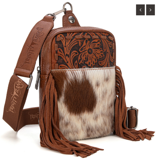 Trinity Ranch Genuine Hair-On Cowhide Tooled Fringe Sling Bag -Brown