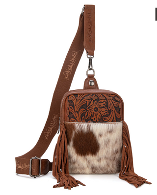 Trinity Ranch Genuine Hair-On Cowhide Tooled Fringe Sling Bag -Brown
