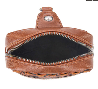 Trinity Ranch Genuine Hair-On Cowhide Tooled Fringe Sling Bag -Brown