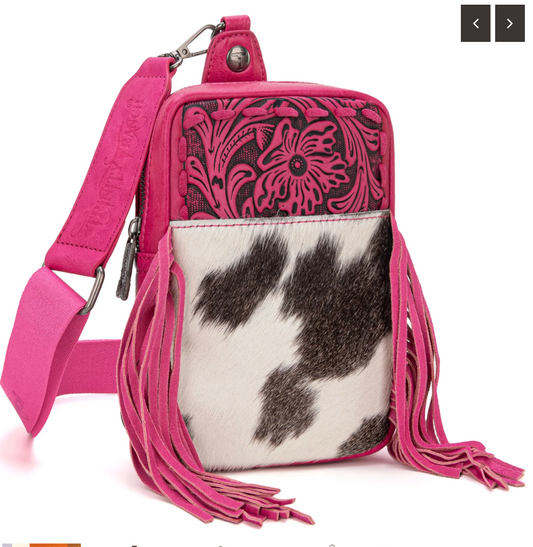 Trinity Ranch Genuine Hair-On Cowhide Tooled Fringe Sling Bag - Hot Pink