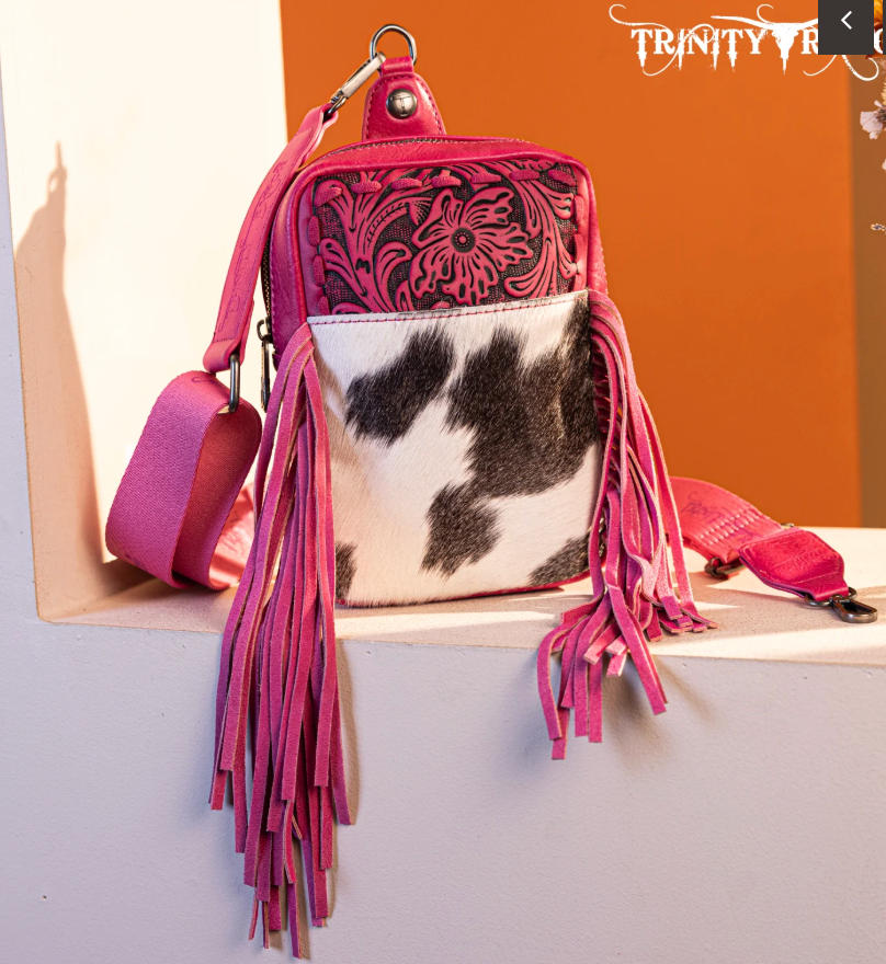 Trinity Ranch Genuine Hair-On Cowhide Tooled Fringe Sling Bag - Hot Pink