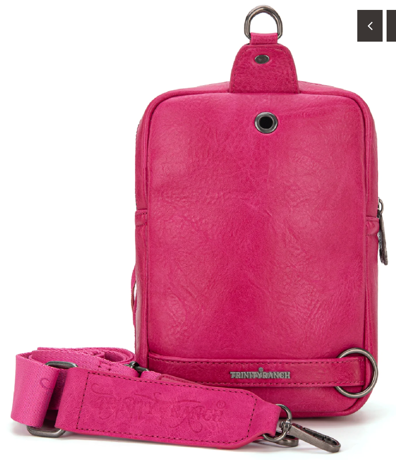 Trinity Ranch Genuine Hair-On Cowhide Tooled Fringe Sling Bag - Hot Pink