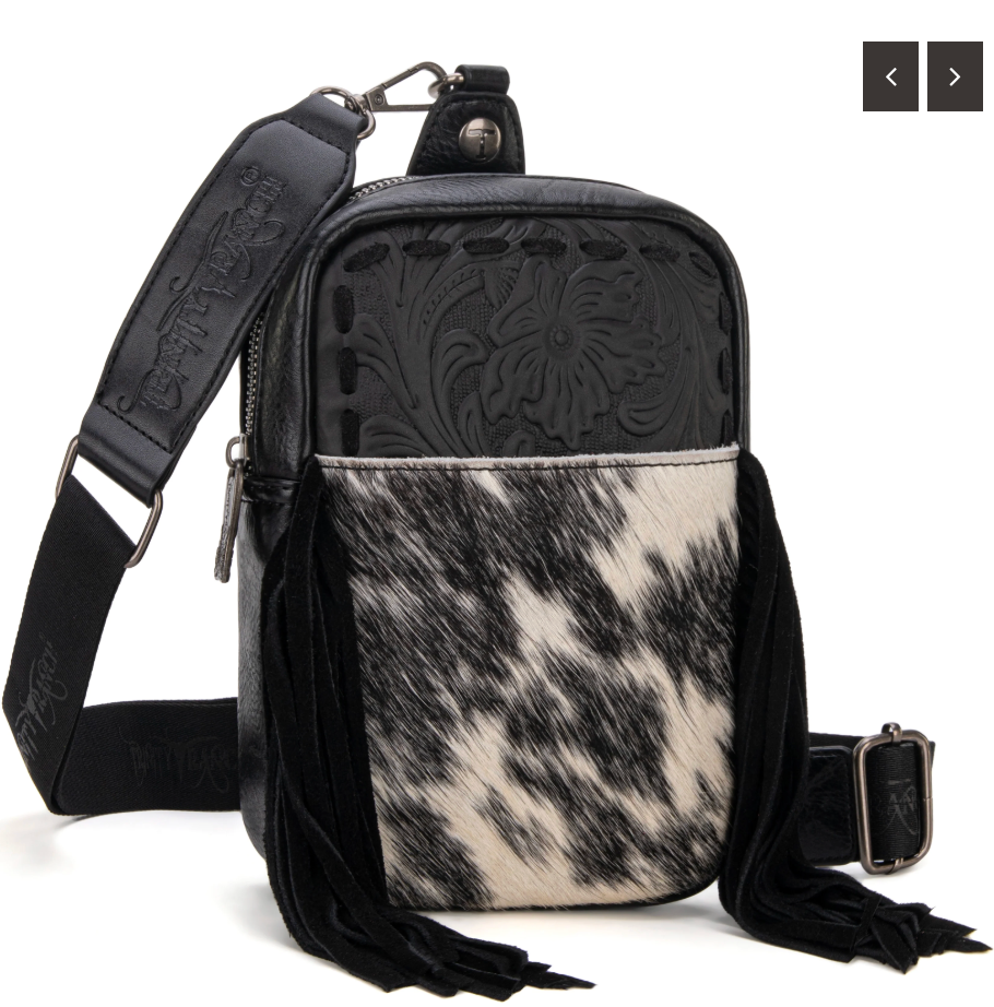 Trinity Ranch Genuine Hair-On Cowhide Tooled Fringe Sling Bag - Black