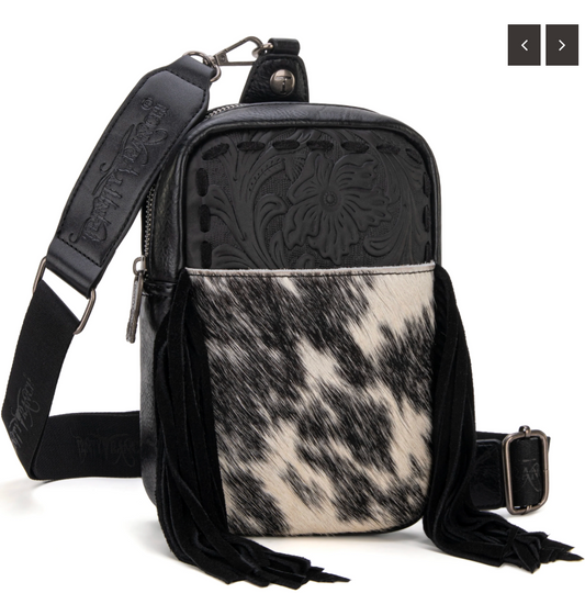 Trinity Ranch Genuine Hair-On Cowhide Tooled Fringe Sling Bag - Black
