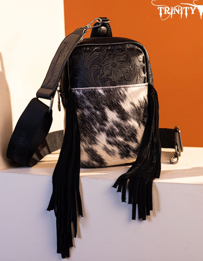 Trinity Ranch Genuine Hair-On Cowhide Tooled Fringe Sling Bag - Black