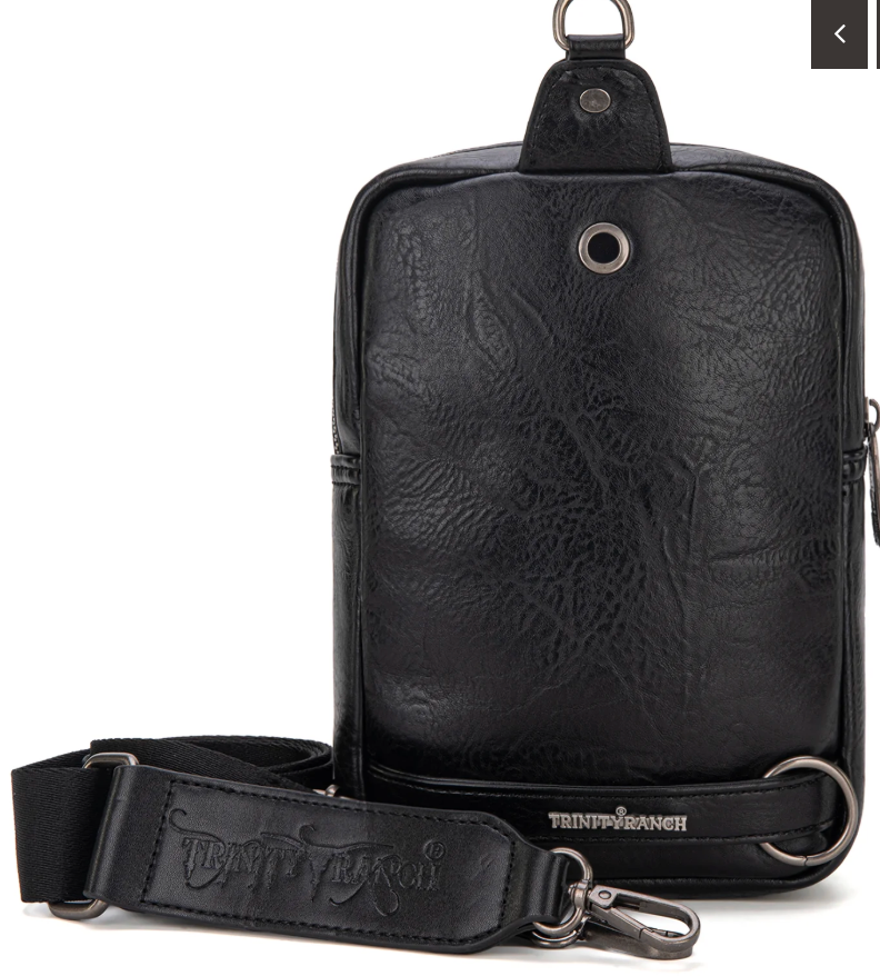 Trinity Ranch Genuine Hair-On Cowhide Tooled Fringe Sling Bag - Black