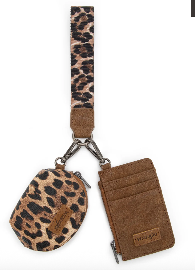 Wrangler Leopard Print Dual Pouch Wristlet Brown