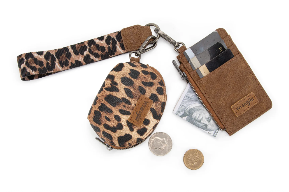 Wrangler Leopard Print Dual Pouch Wristlet Brown
