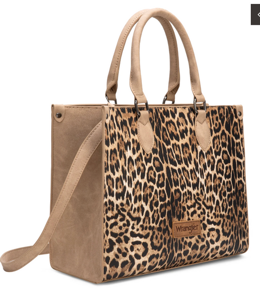 Wrangler Leopard Print Wide Tote Bag/Crossbody Tan