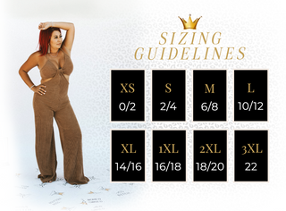 Sizing Guidelines - XS 0/2, S 2/4, M 6/8, L 10/12, XL 14/16, 1XL 16/18, 2XL 18/20, 3XL 22